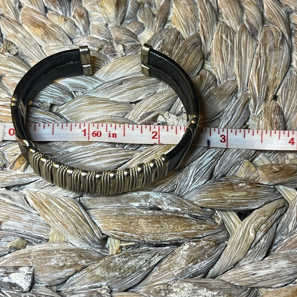Silver Tone and Black Leather Bracelet‎